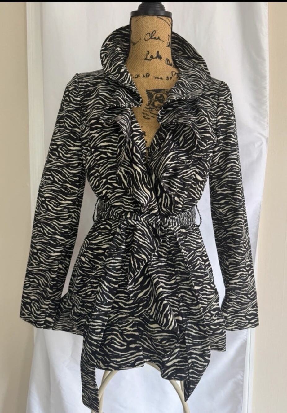 Sandro Studio Zebra Print Belted Collared Lined Mid-Length Trench Coat S